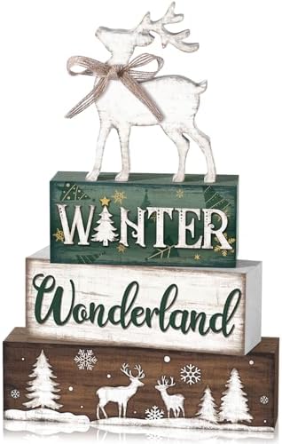 Yousoontic 4 Pcs Winter Decor Woodland Christmas Wooden Sign Bloc...