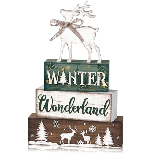Yousoontic 4 Pcs Winter Decor Woodland Christmas Wooden Sign Bloc...