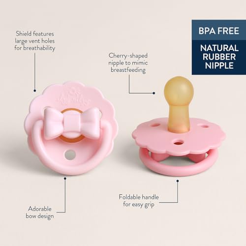 Image of Itzy Ritzy Natural Rubber Pacifiers - Baby Pacifiers with Cherry-Shaped Nipple & Large Air Holes for Added Safety - Set of 2 Binkies in Light & Dark Pink Bows (Ages 0 - 6 Months)