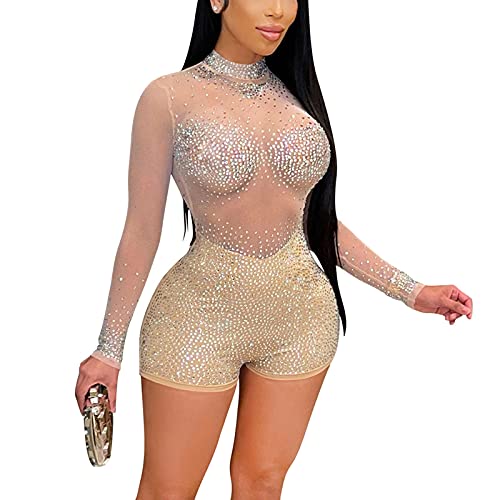 VJJ AIDEAR Women s Glitter Mesh See Through Rhinestone High Crewneck Long Sleeve Fitted Mini Club Party Dress S Apricot