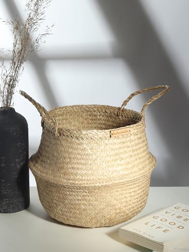 Image of Habere India-All the Cultures Fabricating India Wicker Basket for Plants | Baskets Home Decor | Bamboo Storage Baskets | Toy Organiser | Seagrass Belly Basket - Round; Beige (Set of 3 - S; M; L)