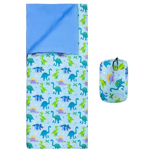 Image of Wildkin Kids Sleeping Bag - Roll-Up Design with Storage Bag for School, Travel & Camping - Dinosaur Land