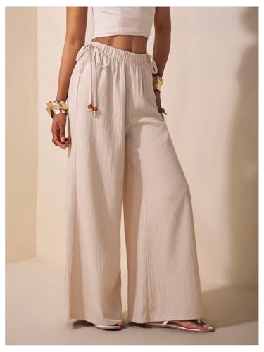 Women's Elastic Waist Casual Pants Side Knot Straight Wide Leg Lounge Pants Trousers4