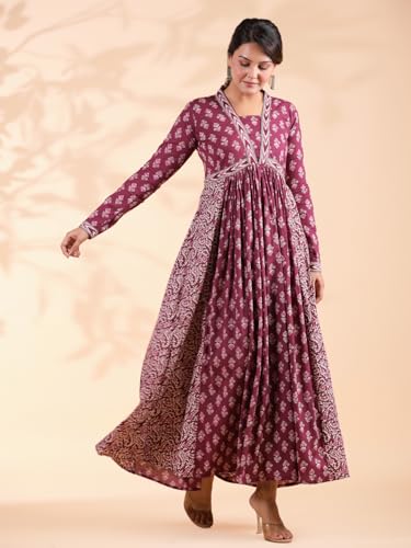 Image of Vbuyz Women's Floral Print Anarkali Cotton Aqua Blue Stitched Kurta | Anarkali Kurti for Women | Kurta for Women