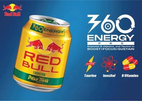 Image of Red Bull Energy Drink, Flavored, Diriku Tenaga, 360 Energy, Each 250ml X 6 Cans, (Product Of Malaysia) with Free Flavourito Kunafa Pistachio Chocolate Bar, 20g By Decadent Foods