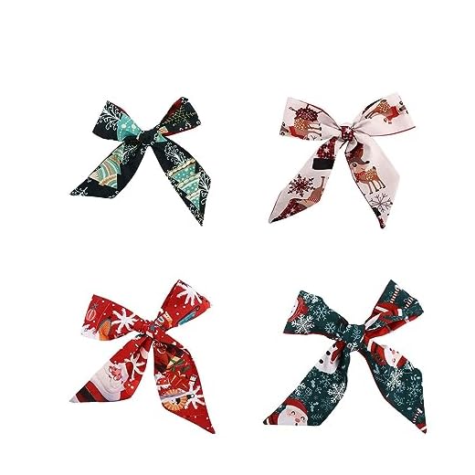 Pokinge 4 cachecóis de seda estampados de Natal, estilo coreano, festival, faixa de cabelo longo, vermelho, verde, retrô, lenço de pescoço feminino, moda feminina, acessório de roupas elegantes