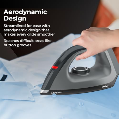 Image of Havells Dry Iron Adore Plus 1100 Watts, Iron Press, Greblon Non Sick Soleplate with German Technology, Shock Proof Body, Aerodynamic Design, 360 Swivel Cord, 2 Year Manufacturer Warranty (Black)
