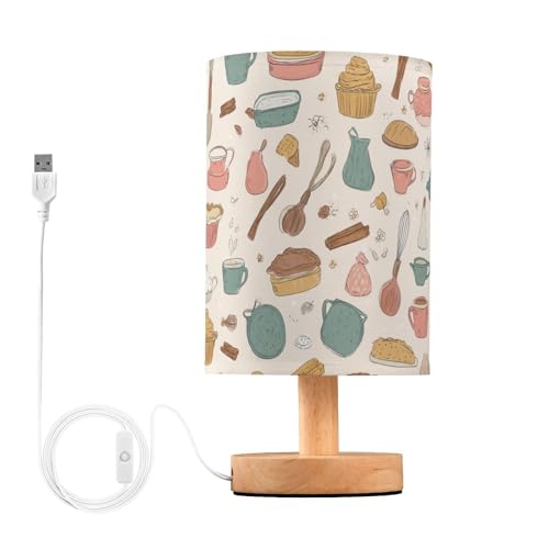 IBGIKWH Cartoon Cake Baking Tools Bedside Table Lamp Small Desk Lamps Linen Fabric Shade Decorative Nightstand Lamp LED with USB Port Wood Base for Bedroom Living Room