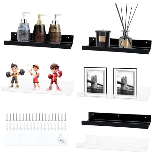 MOAMUN 6 Estanteria Pared De Acrílico Negro Claro Estanterias De Pared, 38cm Baldas Flotantes Repisas, Estante Baldas Sin Agujeros para Dormitorio Baño Salón Cocina