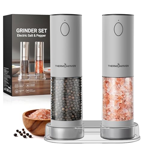 Image of ThermoMaven Electric Salt and Pepper Grinder Set, 110ml Larger Rechargeable Automatic Salt and Pepper Mill Grinder with 6 Adjustable Coarseness, Electric Salt and Pepper Shakers, LED, White Sand