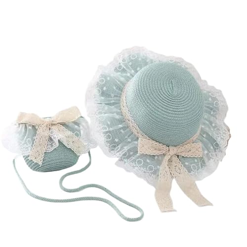 Kids Girls Straw Hat with Lace Large Wide Brim Sun Beach Princess Summer Cap and Portable Handbag3