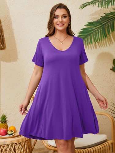 Image of ZENNILO Women's Plus Size Swing Dress with Pockets Casual Summer Dresses V Neck Short Sleeve T Shirt Dress for Women