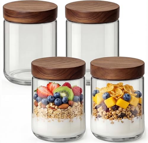 Image of 16oz 4 Pack Glass Mason Jars Overnight Oats Containers with Acacia Wood Lid | Airtight Chia Seed Pudding Jars with Screw on Top Wide Mouth Food Storage Jar for Meal Prep, Yogurt, Spice, Herb and Tea