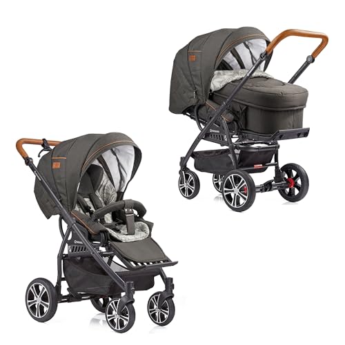 Gesslein F4 Classic Kombikinderwagen 3-in-1 mit Tragetasche C2, Handbremse, 96 cm Liegefläche, Fußsack-Funktion, Babyschalen-Adapter, kompakt klappbar, dark olive