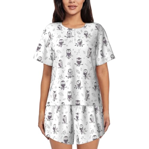 Pyjama femme manches courtes imprimé branches hiboux ensemble short coton col rond poches