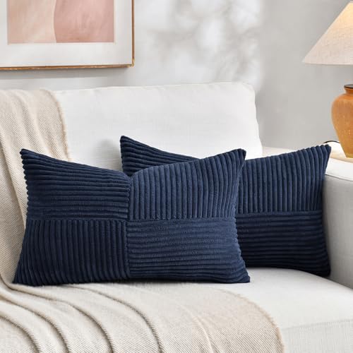 Image of Fancy Homi 2 Packs Navy Blue Lumbar Decorative Throw Pillow Covers 14x24 Inch for Couch, Rustic Farmhouse Boho Home Decor, Soft Striped Corduroy Rectangle Accent Cushion Case 35x60 cm