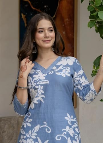 Image of Women's Floral Printed Cotton Blend 3 /4th Sleeve Knee Length V-Neck Kurta and Pant Set for Women (Pack Of 1)