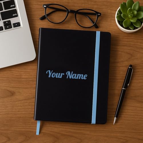Image of Personalised PU Leather Diary - A5 Size Black Hardbound Notebook with Name Print & Matching Strap, 176 Pages 80 GSM Paper, Calendar, Memo Section, Ideal for Gifting