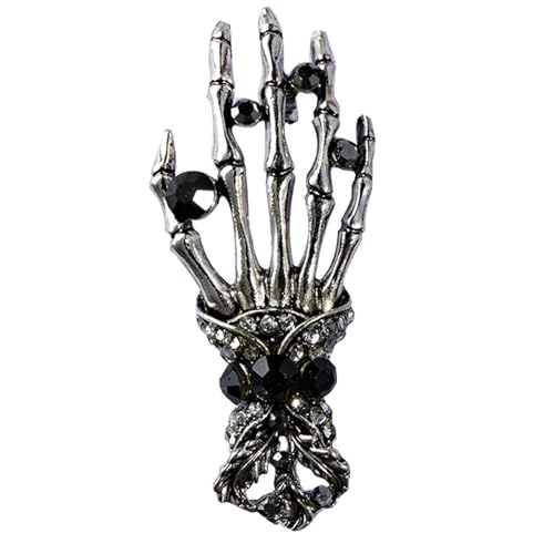 Image of Gothic Halloween Skull Hand Brooch Pin for Women Men Punk Vintage Crystal Skeleton Tassel Chain Lapel Pins Dark Skull Brooches Sweater Suit Accessory