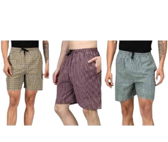 Men's Checkered Cotton Shorts, Pack of 3, Casual Drawstring Lounge Shorts, Multicolour-image-25