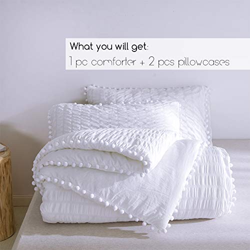 Sexytown Pom Pom Comforter Set Queen Size, Boho White Seersucker Ball Pom Comforter, 3 Pieces Washed Microfiber Inner Fill Bedding Set (1 Seersucker Comforter+2 Pom Pom Pillow Shams) #TOP5