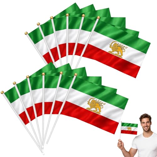Iran Flag World Cup 2026 Merchandise 12 Pack Old Historic Iran Iranian with Lion Sun and Crown Handheld Stick Flag for Outdoor Patriotic Displays Lion and Sun Flag of Iran Party Decor Event