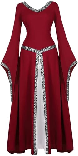 Josamogre Retro Kleider Damen Mittelalter Kleid Renaissance mit Trompetenärmel Party Kostüm bodenlang Vintage Retro Costume Cosplay Weinrot M