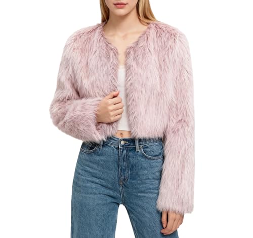 Amazhiyu Abrigo de piel para mujer, chaqueta corta de piel sintética, abrigo de piel sintética, abrigo de forro polar, manga larga, abrigo de piel sintética, abrigo de invierno, chaquetas de cuello