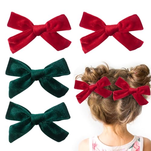 4 lazos para el pelo para niñas, 9,5 cm, lazo rojo, horquillas para el pelo para niñas y niños, pinzas para el pelo de Navidad (rojo, verde)