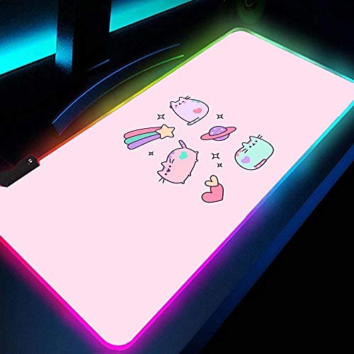 Pink Gamer Accessories Cute Computer RGB Mause Pad Gaming Decor LED Mausepad Anime Cat PC, Laptop, Desk-11.81 x23.62 