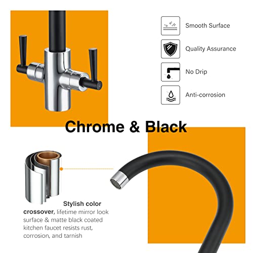 Hapilife Matte Black and Chrome Kitchen Sink Mixer Tap 1 Hole Dual Lever Swan Neck Kitchen Sink Taps Stainless Steel Monobloc Faucet 360° Swivel Spout - Image 4