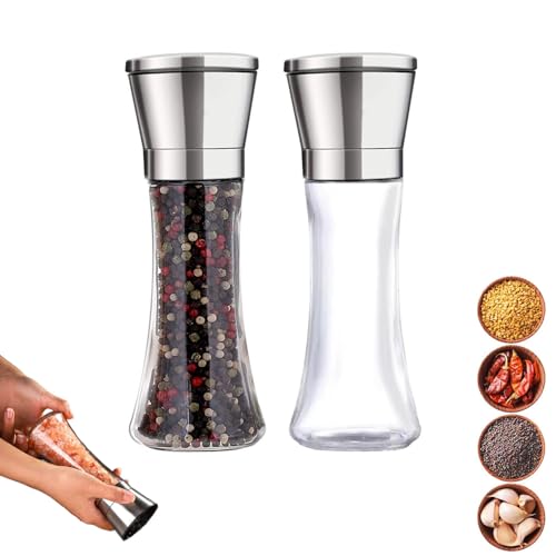 Silver Salt and Pepper Shakers - Adjustable Grinders, Stainless Steel, Coarse to Fine Grind