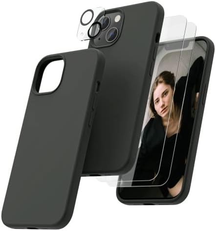 OIIAEE [5-in-1] for iPhone 13 Case 6.1",Liquid Silicone case with 2 Pack Screen Protector & 2 Pack Camera Protector, Ultra Slim Shockproof Soft Anti-Scratch Microfiber LiningBlack
