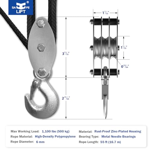 SALIFTFE Block and Tackle Pulley System, Upgraded 3-Wheel Rope Pulley Hoist, 5:1 Lifting Power, 1100LB Work Load with 55Ft of 1/4" Rope, Ultra-Compact Rope Hoist for Garage, Hunting, and Heavy Lifting