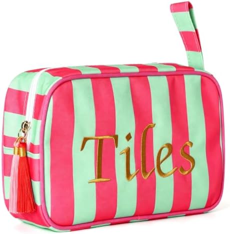 Mahjong Tile Bag with Handle - Striped Case for 166 American Tiles (1.2"), Embroidered Design with Plush Interior & Tassel Zipper, Portable Game Night & Travel Organizer (Bag Only, Tiles Not Included)