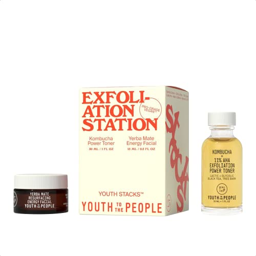 Youth To The People Youth Stacks Exfoliation Station - 11% Aha Kombucha Power Toner (30Ml) + Yerba Mate Energy Facial (15Ml) Exfoliating Skincare Set - Exfoliants To Deep Clean Pores + Smooth Texture #TOP22