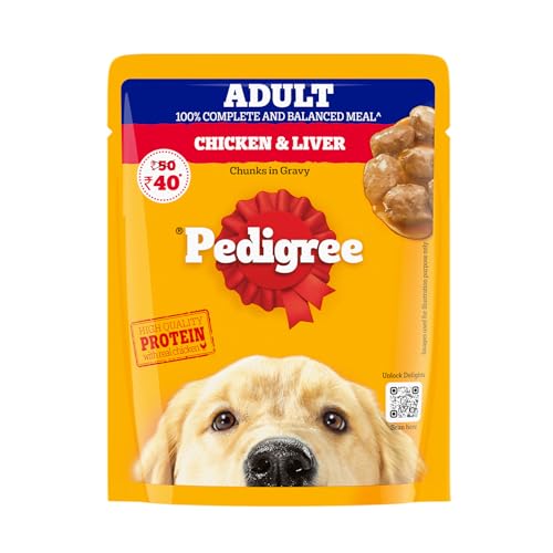 Image of Pedigree Adult Wet Dog Food, Chicken & Liver Chunks in Gravy, 70 g, Made with Real Meat Protein, 100% Complete & Balanced Meal for Adult Dogs (Pack of 6)