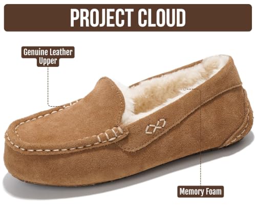 Image of Project Cloud 100% Genuine Leather Slippers for Women - Fur Lined Outdoor Slippers for Women Footwear with Memory Foam - Stylish Womens Moccasin (Cathi)