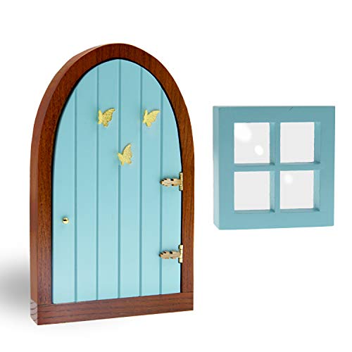 My Enchanting Garden Fairy Door and Fairy Window for Tree Trunk - Whimsical Fairy Yard Art Sculpture Decoration, Cute Garden DÃ©cor, Miniature Wooden Fairy Garden Window and Door Kit - 2 Piece Set