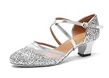 Minishion Women's T-Strap Dance Heels Glitter Salsa Ballroom Shoes Wedding Party Pumps L267 Silver US 8