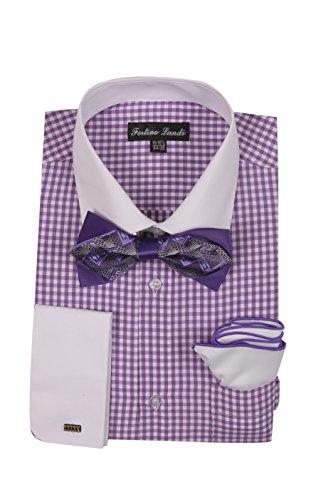 Men's Checks Shirt with High Fashion Bowtie and Handkerchief French Cuff FL628 (20 36/37, Lavender)