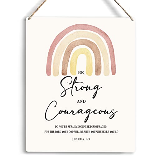 Image of Inspirational Wall Art Be Strong And Courageous Do Not Be Afraid Or Discouraged Boho Rainbow Decor Wooden Hanging Sign Christian Religious Wall Decor Bible Verse Wall Art 8 x 10 Inches