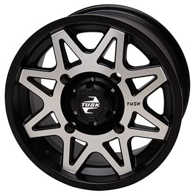 Four 30x10-14 Tusk TERRABITE Heavy Duty 8-Ply Radial UTV Tires mounted on Tusk TINTIC Wheels - For CAN-AM MAVERICK DEFENDER COMMANDER- UTVS - Includes Lug Nuts (4+3 Wheel Offset, Machined/Black)