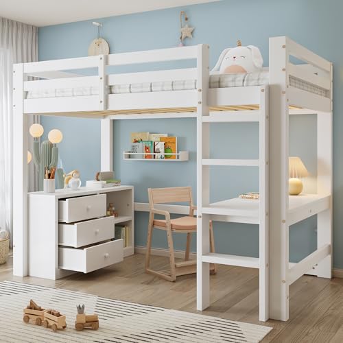 LAKFEW Cama Alta 90x200 cm Litera con Escritorio y 3 Cajones, Cama Infantil con Estante de Almacenaje y Escalera, Cama Tren con Protección Anticaída, Camas Altas, Blanco, Sin Colchón