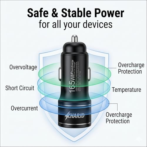 Image of 165W Black Car Charger Fast Charging 120W SuperVOOC & 45W PD Dual Port Car Charger Type C and Usb A Charging with 3 in 1 Grey Cable Fast Charging Premium Car Mobile Charger for Laptops & Phones