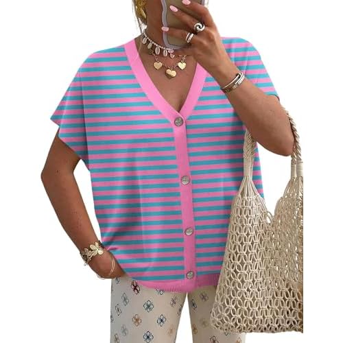 LOMON Oversided Cardigan Sweaters for Women Short Cap Sleeve V-Neck Casual Button Lightweight Knitted Trendy Sweater S-XL