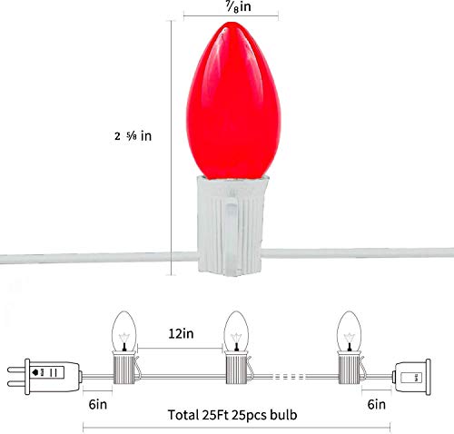 Romasaty Christmas Lights(25Ft) 5 Multi-Color Outdoor&Indoor Light For Holiday Party Wedding,25 Ceramic C7 Light(Plus 2 Extra Bulbs)-White Wire #TOP1