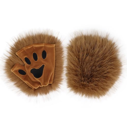 hbbhml Simpatici guanti da zampa di gatto, pelosi, senza dita, gattino, volpe, artiglio di animali, Halloween, Natale, costume cosplay per bambini e adulti, marrone, Taglia unica