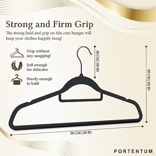 PORTENTUM Velvet Hangers, Pack of 30, Black. Accessory Holder, 360º Swivel Hook, Space Saving, Notches for Dresses, Non-slip Clothes Hangers, For all Types of Clothes, Made in Spain - Image 4