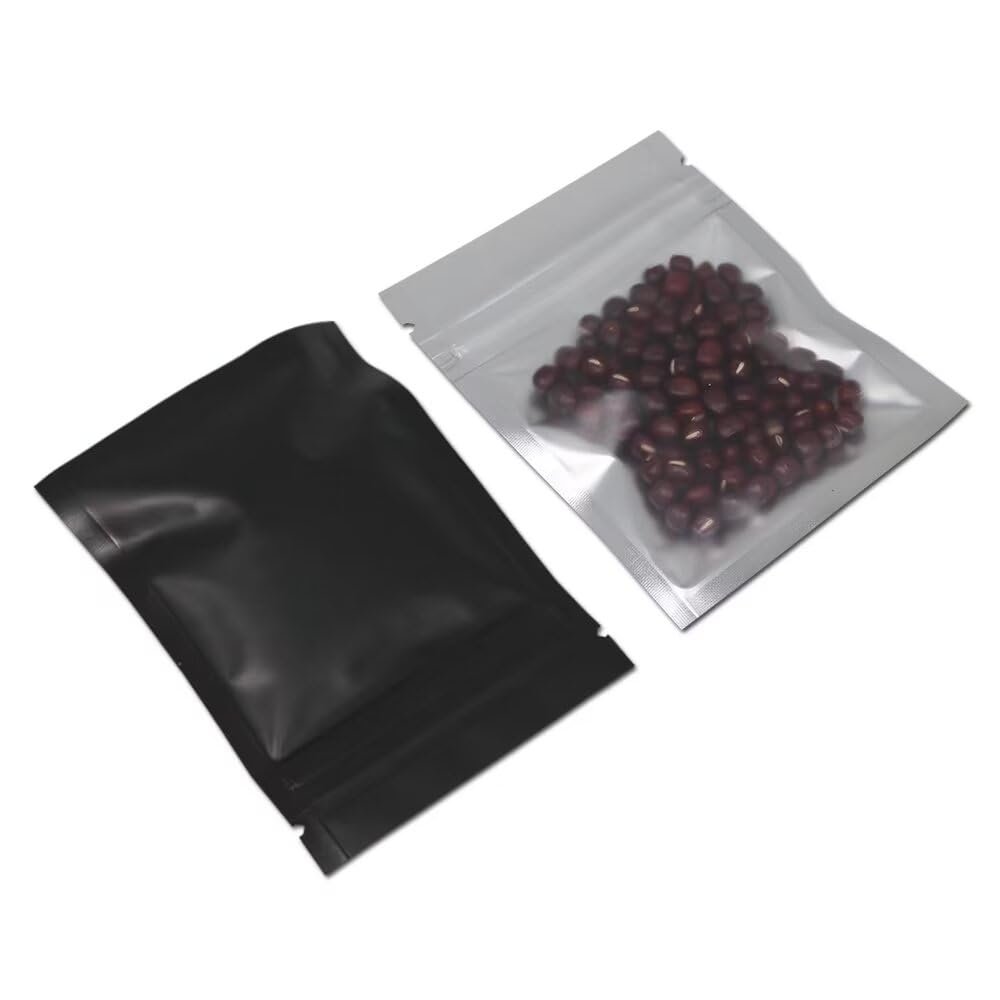 100 Pcs Resealable Frosted Clear Front Mylar Foil Food Storage Bags Heat Seal Smell Proof Pouches Airtight Zipper Grocery Gourmet Snack Mix Pack (Matte Black